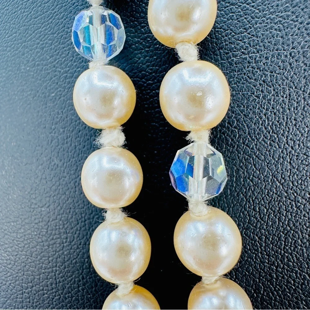 Vintage Glass Pearl Necklace Aurora Borealis Faceted Crystals Knotted Opera 52”